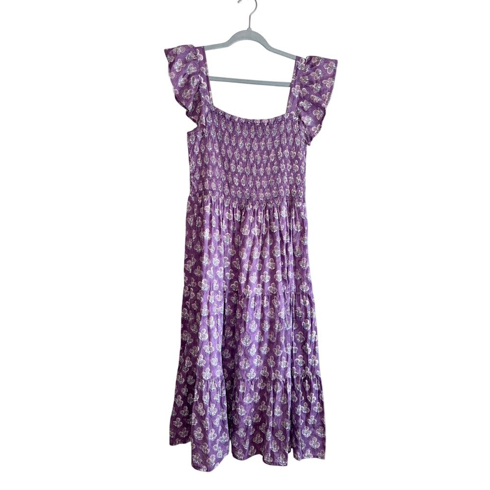Victoria Dunn purple print smocked bodice tiered midi dress medium 100% cotton